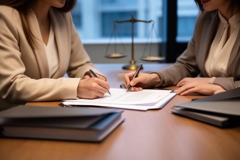 Coppia che firma documenti con un consulente legale in un ufficio sobrio e luminoso