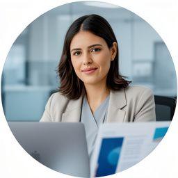 Consulente legale specializzata in proprietà intellettuale con laptop e bozza di marchio nello studio
