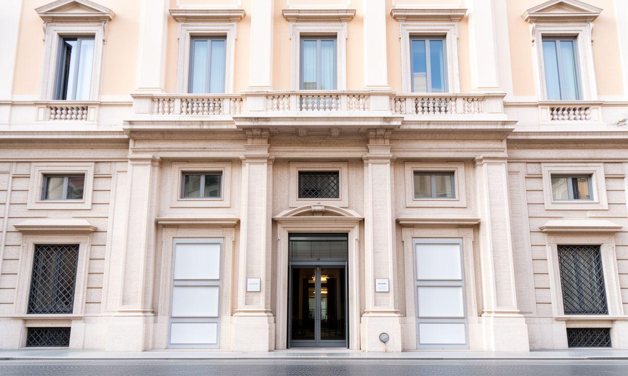 Facciata di uno studio legale a Roma in un quartiere elegante con ingresso luminoso e dettagli architettonici sobri