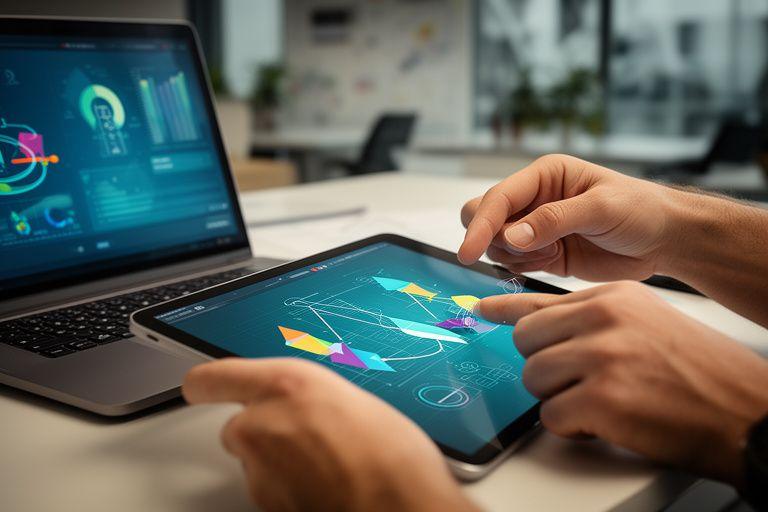 Mani che disegnano un marchio su un tablet accanto a un laptop in un ufficio creativo a Roma