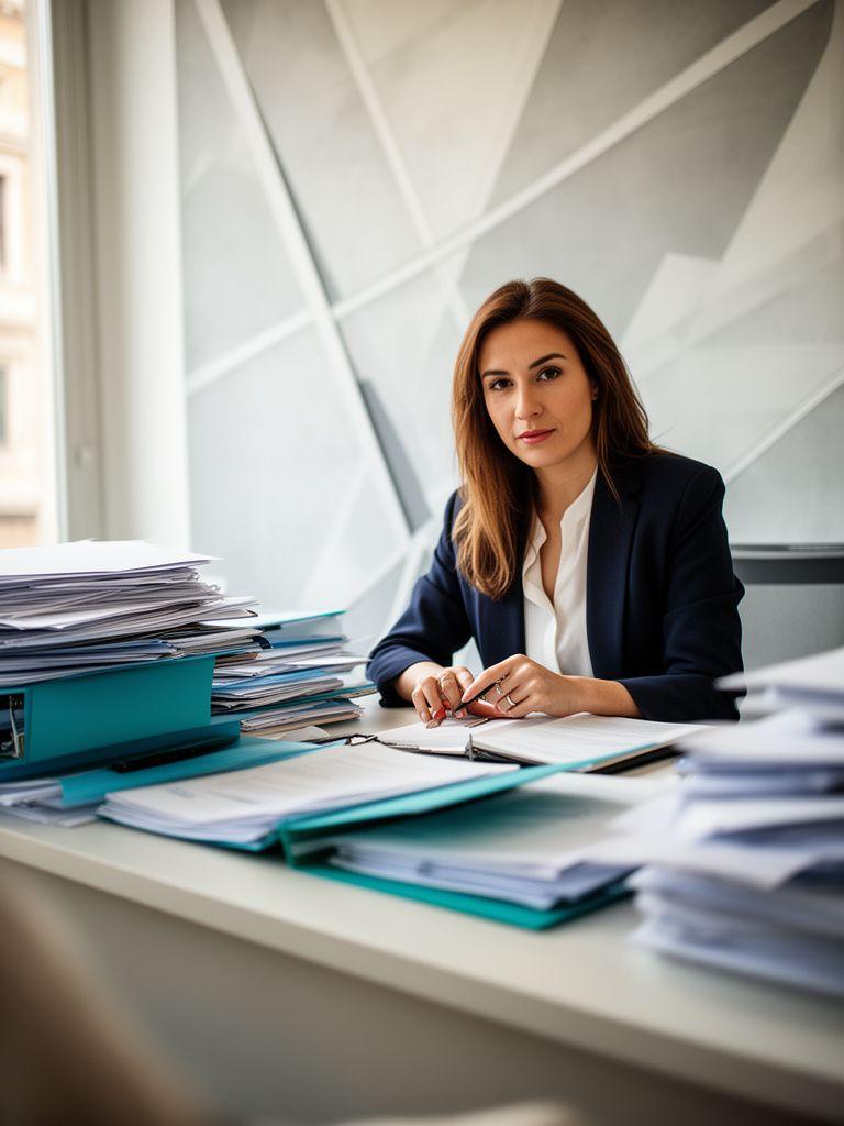 Avvocato e consulente legale in uno studio moderno a Roma con fascicoli ordinati e luce naturale